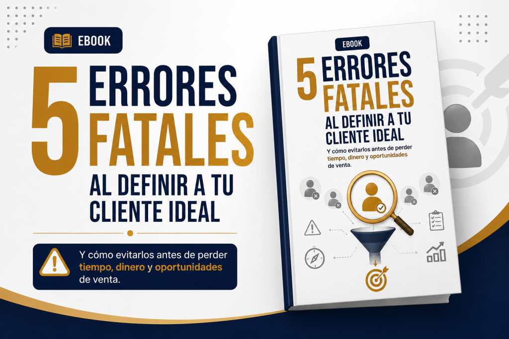 Miniatura promocional del ebook gratuito “5 errores fatales al definir a tu cliente ideal”, con diseño corporativo en azul, dorado y blanco. La imagen muestra el título del ebook y un mockup del material, comunicando que ayuda a evitar errores al definir al cliente ideal antes de perder tiempo, dinero y oportunidades de venta.