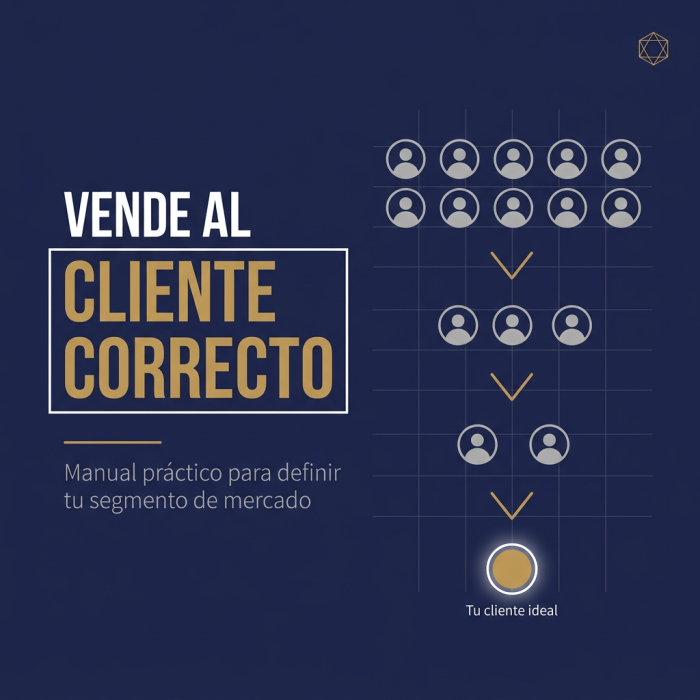 Miniatura del manual Vende al Cliente Correcto, con un diagrama visual que muestra cómo filtrar varias opciones hasta identificar al cliente ideal para definir el segmento de mercado.
